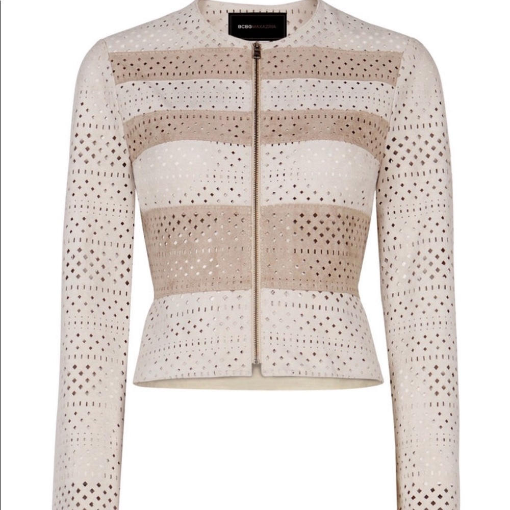 BCBG Dollce Color-blocked Faux-suede Peplum Jacket